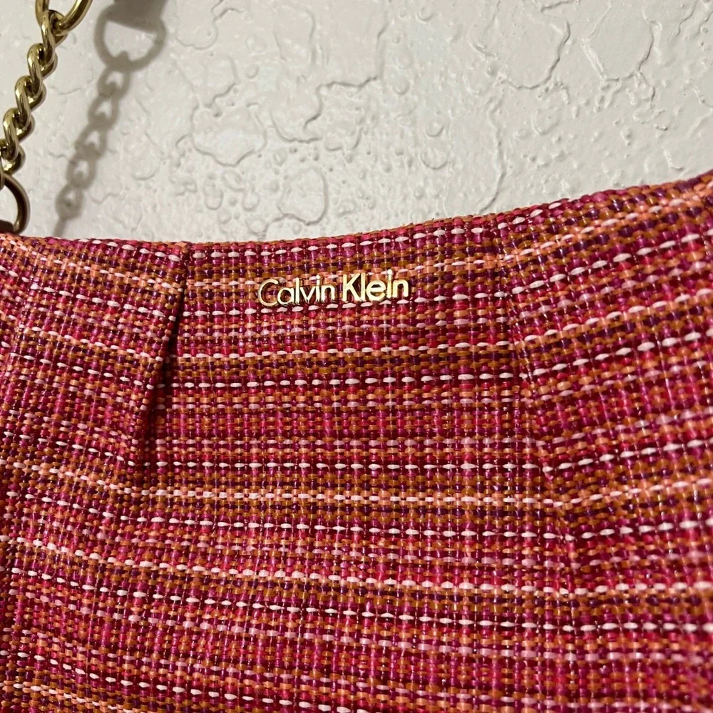 Calvin Klein Pink Woven Tweed Shoulder Bag Gold Chain Accent Preppy Designer